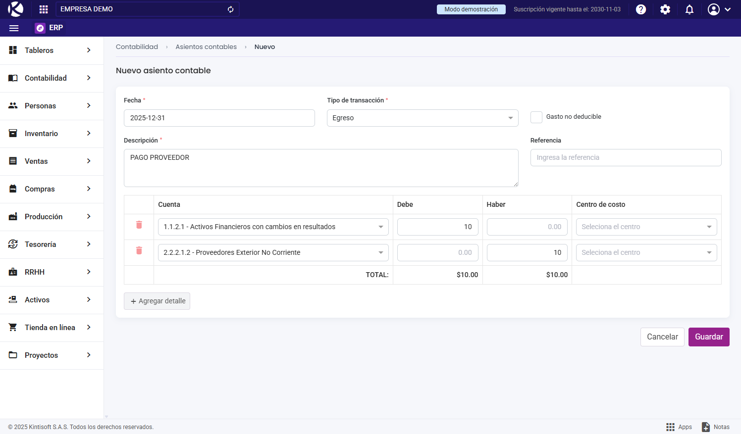 Crear asiento contable