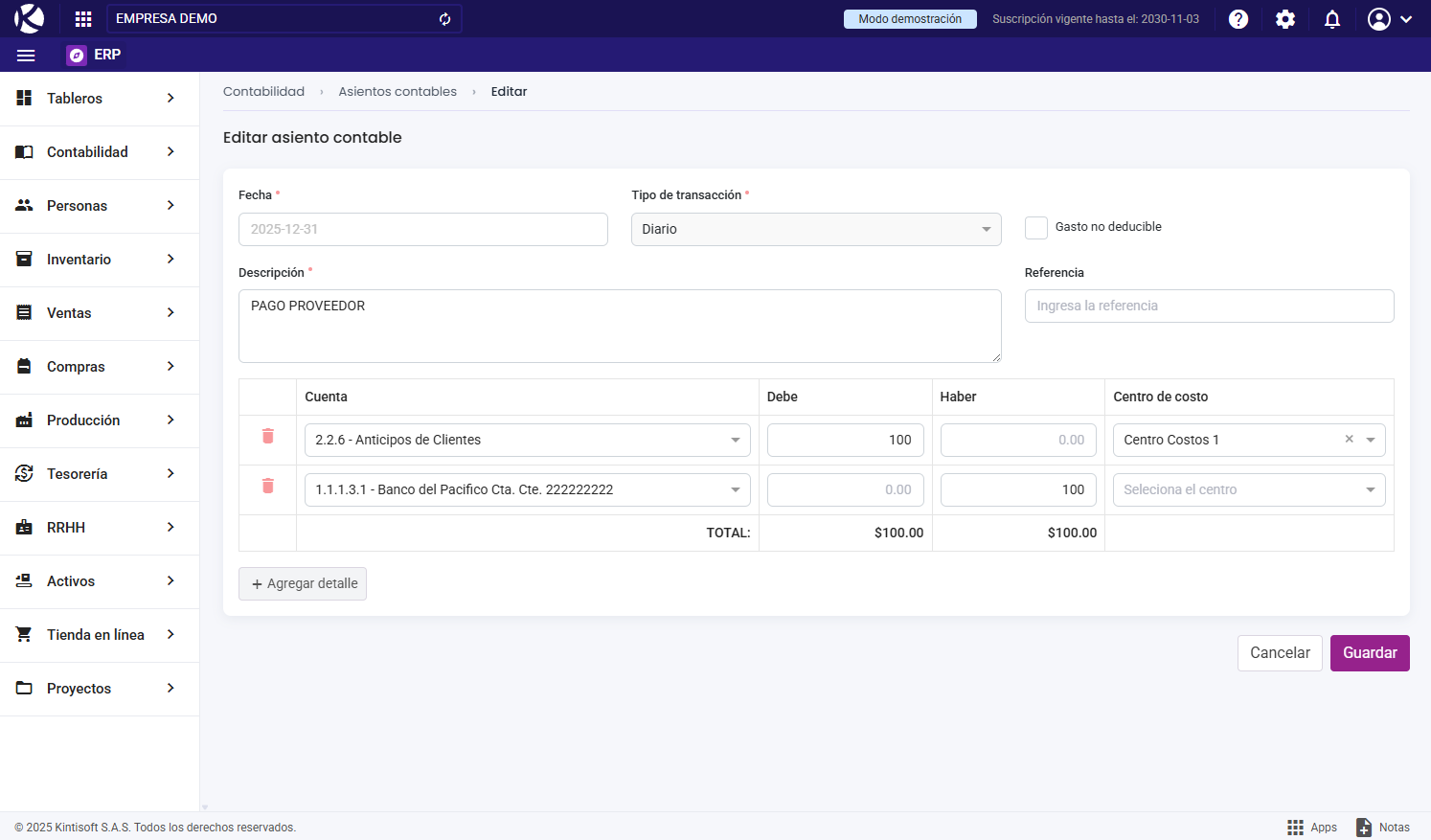 Editar asiento contable